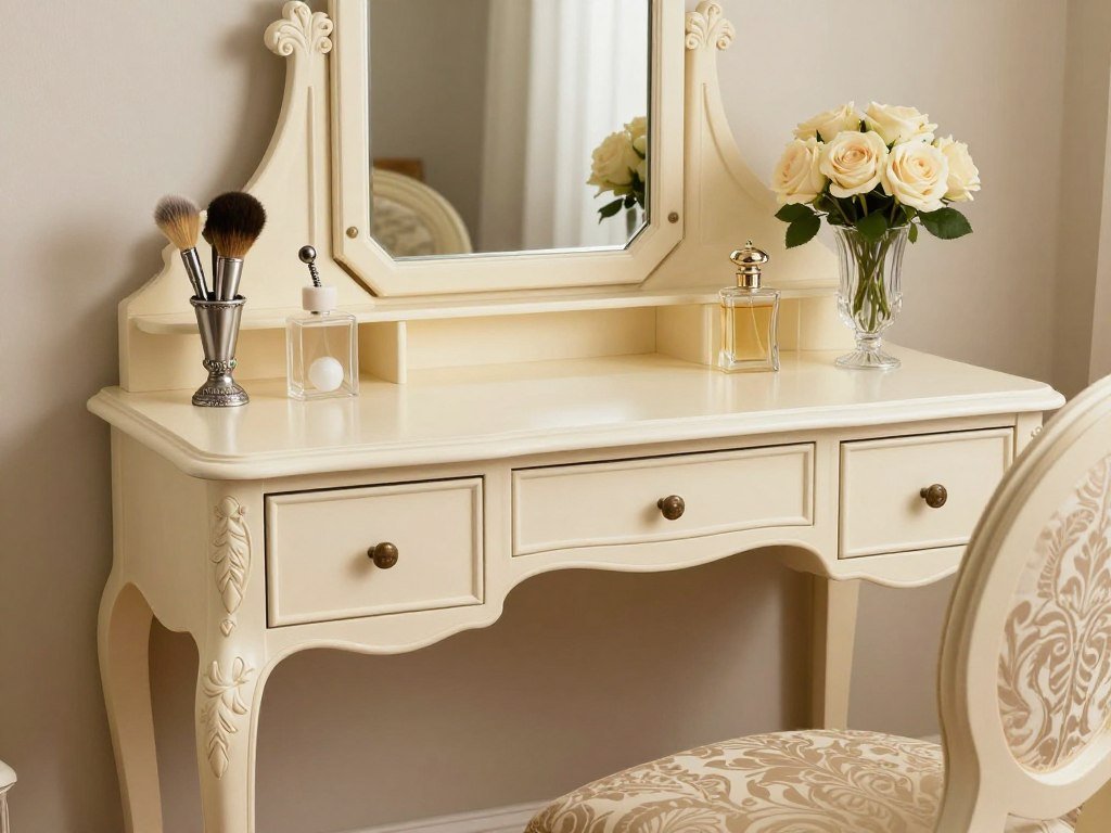 A vintage-style cream vanity desk with ornate details, a trifold mirror, and antique perfume bottles