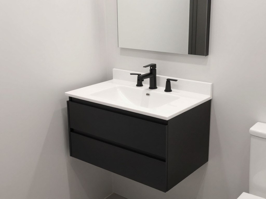 A wall-mounted floating bathroom vanity with matte black fixtures and a white quartz countertop in a small modern bathroom