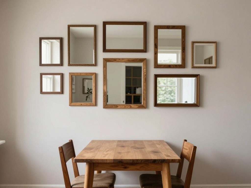 A wall of framed mirrors in a small dining area that reflects light and creates visual space