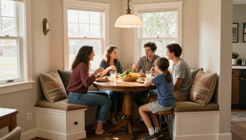 A warm, inviting corner dining nook with family gathered around for a meal, showing the space as the heart of the home A warm, inviting corner dining nook with family gathered around for a meal, showing the space as the heart of the home