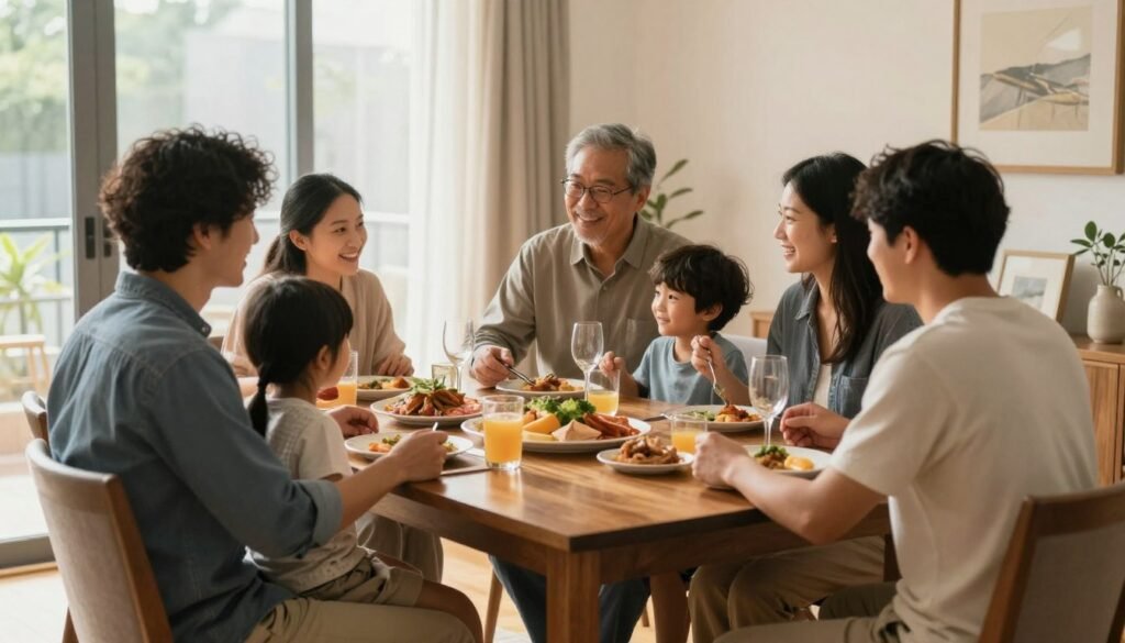 A warm, inviting dining room with a beautiful dining room table where a family is gathered, emphasizing the table as the heart of the home