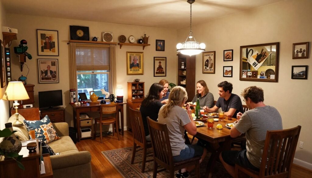 A warm, inviting eclectic dining room filled with personal touches and meaningful objects