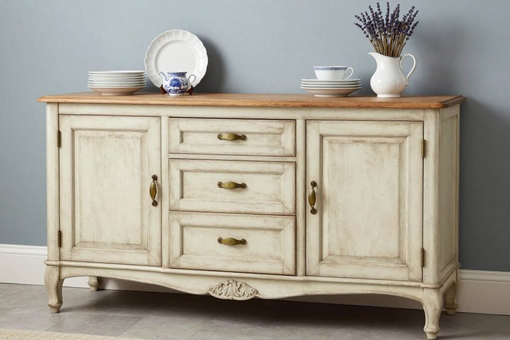 A weathered French country buffet with curved details displaying ceramic dishware and decorative items