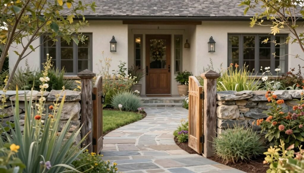 A welcoming rustic front yard with a stone pathway, native plantings, and a weathered wooden gate