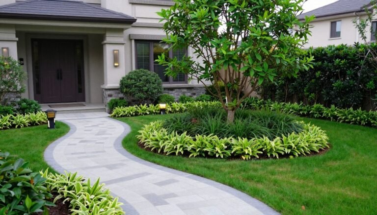 A well-balanced front yard landscape with layered plantings, a curved pathway, and focal point tree