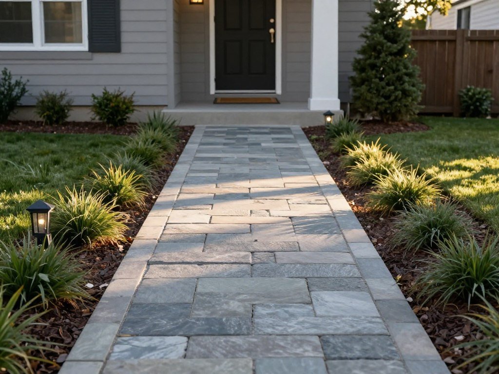 A well-designed front yard pathway using mixed materials like stone pavers and gravel