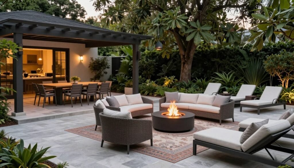 A well-designed patio with distinct zones for dining, conversation, and lounging