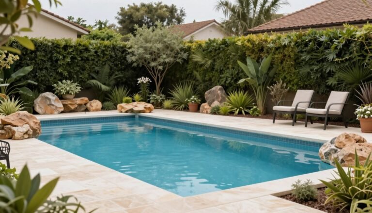A well-designed pool area with careful landscaping showing plants and hardscaping elements arranged around a swimming pool