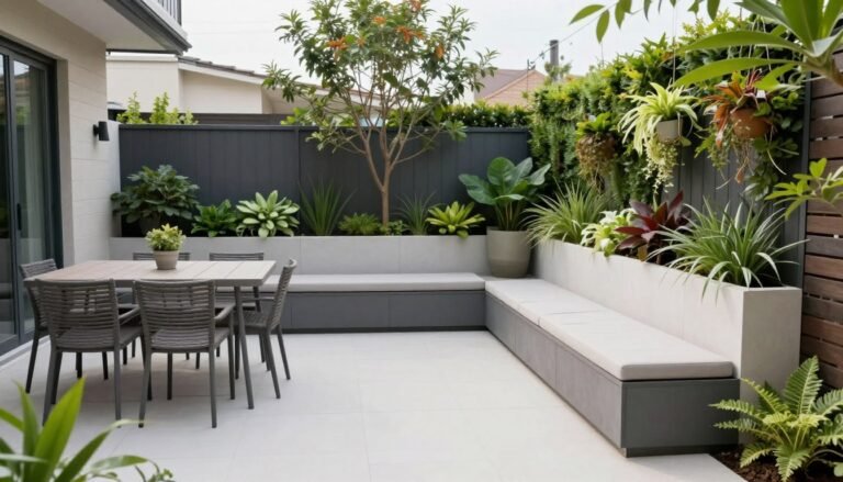 A well-designed small backyard with distinct zones including a dining area, lounge space, and vertical garden