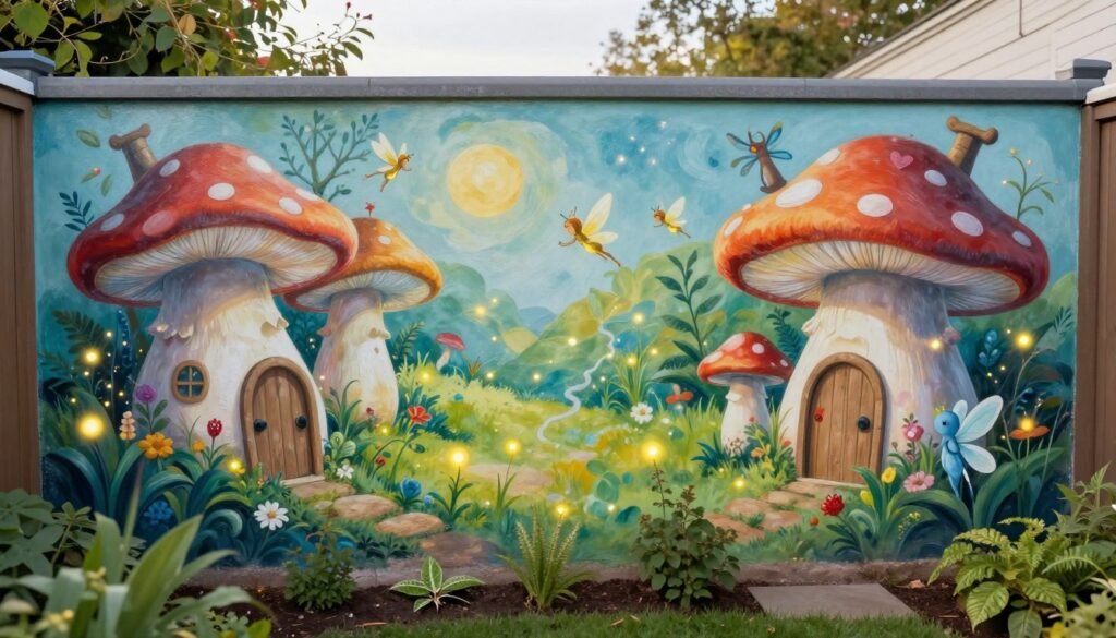 A whimsical backyard mural featuring a fairy garden scene with mushroom houses, tiny doors, and magical creatures painted on a garden wall, showcasing imaginative backyard mural ideas