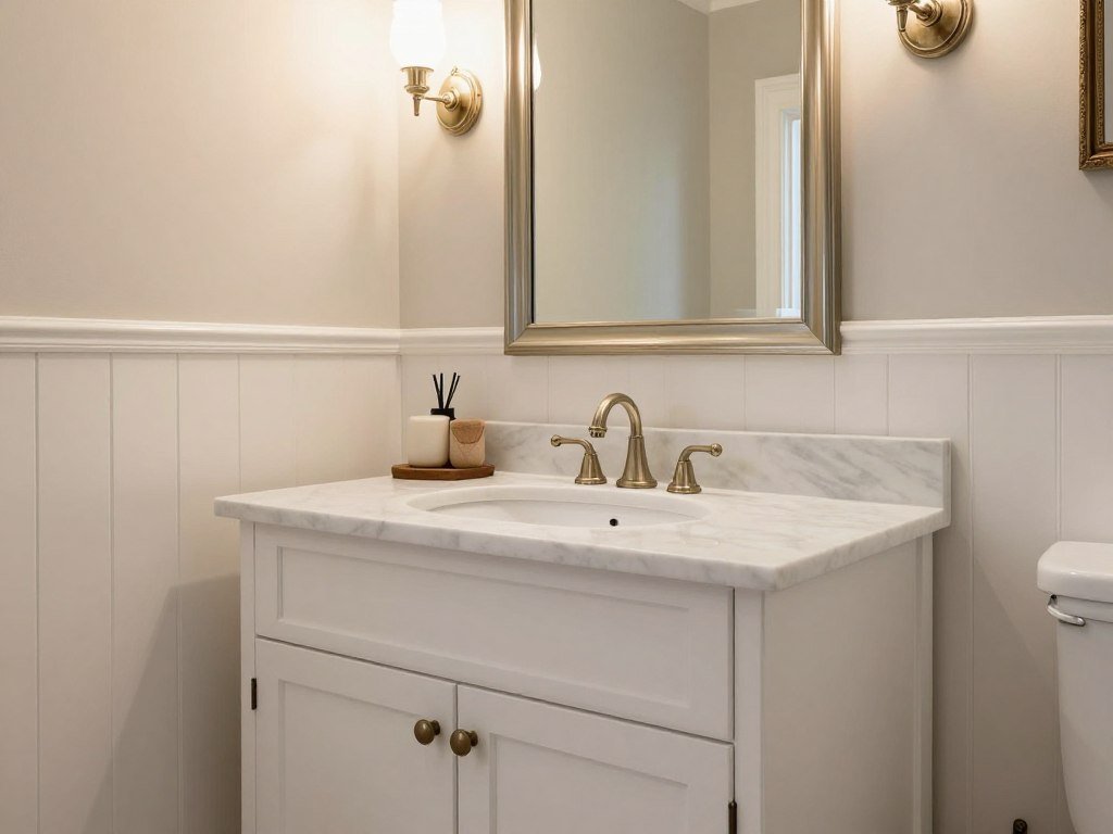 A white bathroom vanity in a traditional style bathroom with classic fixtures