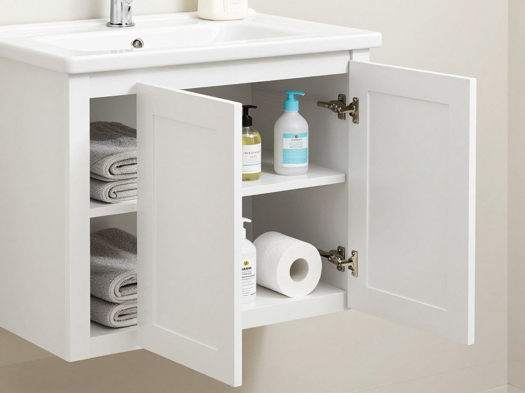 A white bathroom vanity with cabinet doors open showing interior storage space