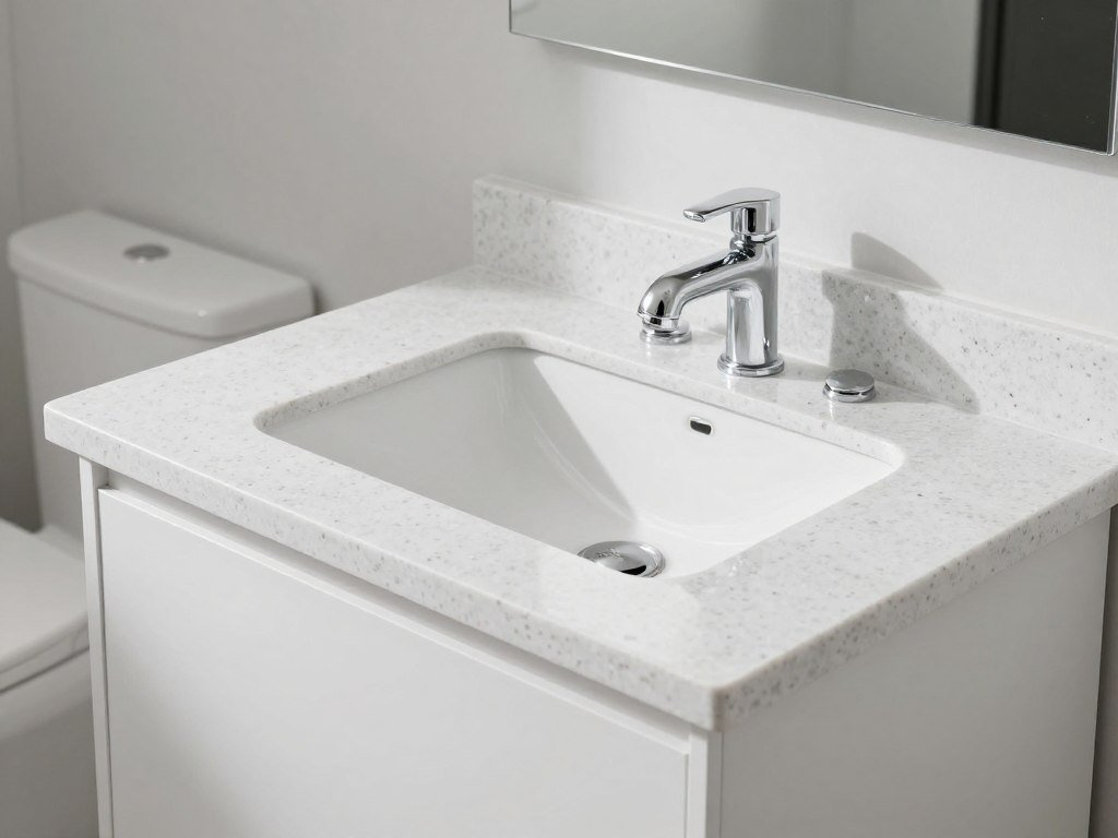 A white bathroom vanity with engineered quartz countertop in a modern bathroom