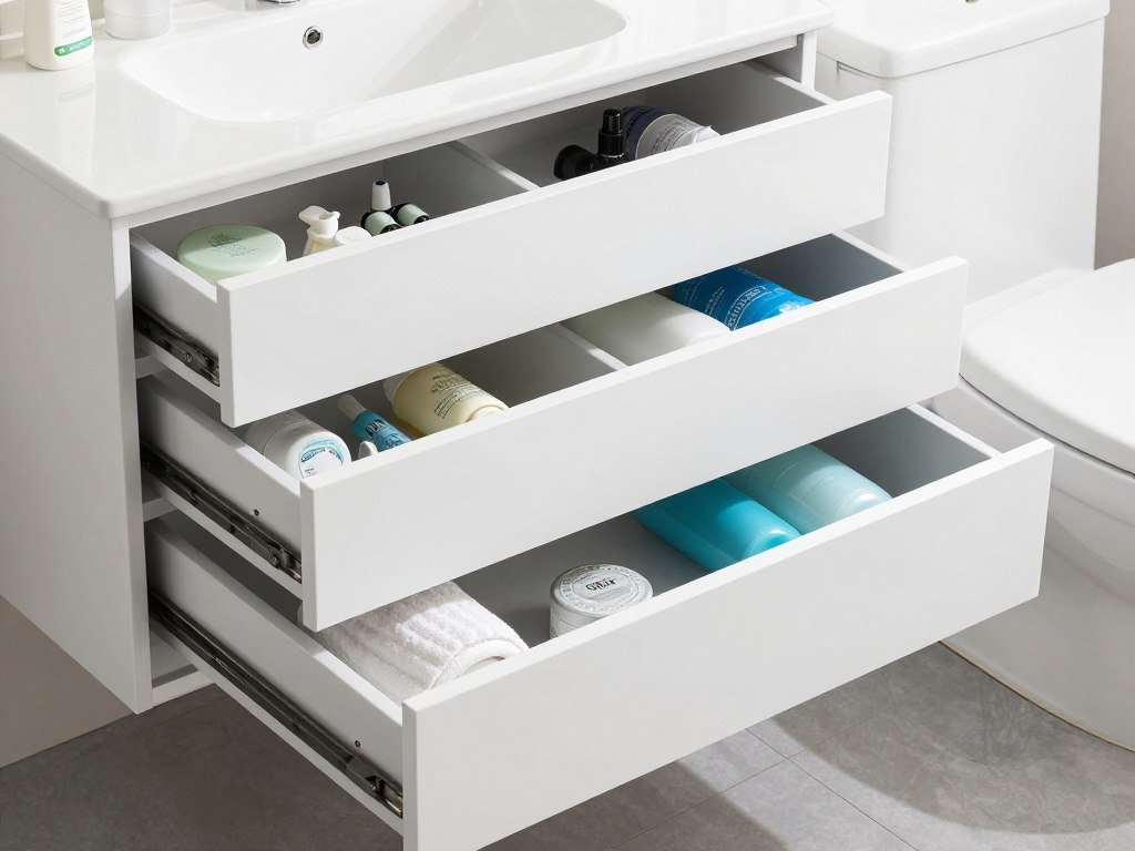 A white bathroom vanity with multiple drawers shown open to display organization