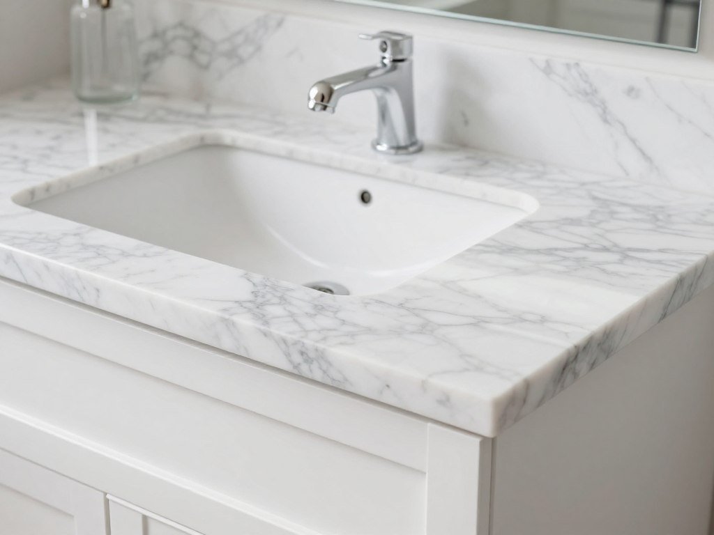 A white bathroom vanity with white marble countertop showing natural veining