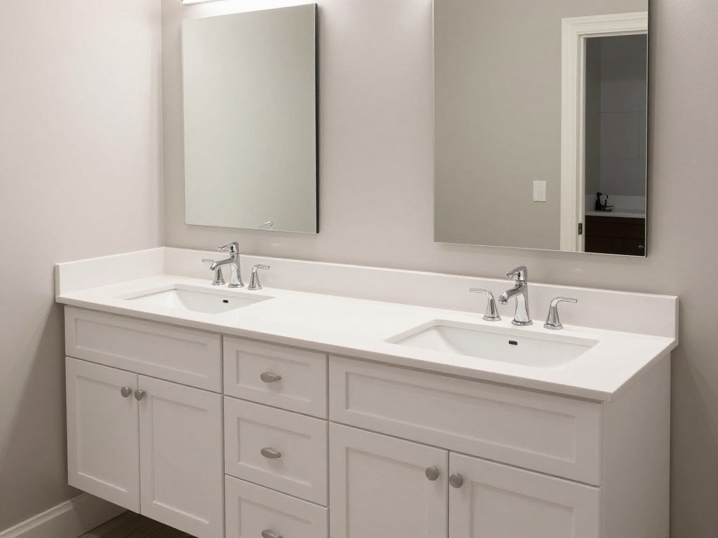 A white double sink bathroom vanity in a master bathroom