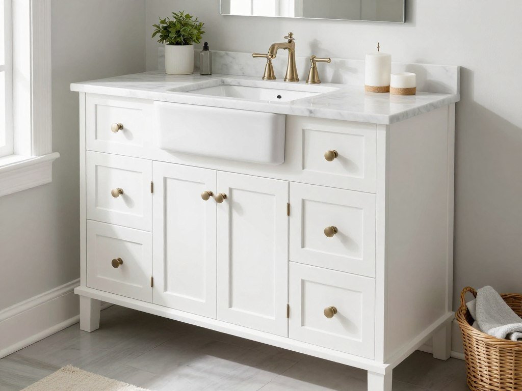 A white shaker style bathroom vanity with a marble countertop and traditional hardware in a farmhouse bathroom