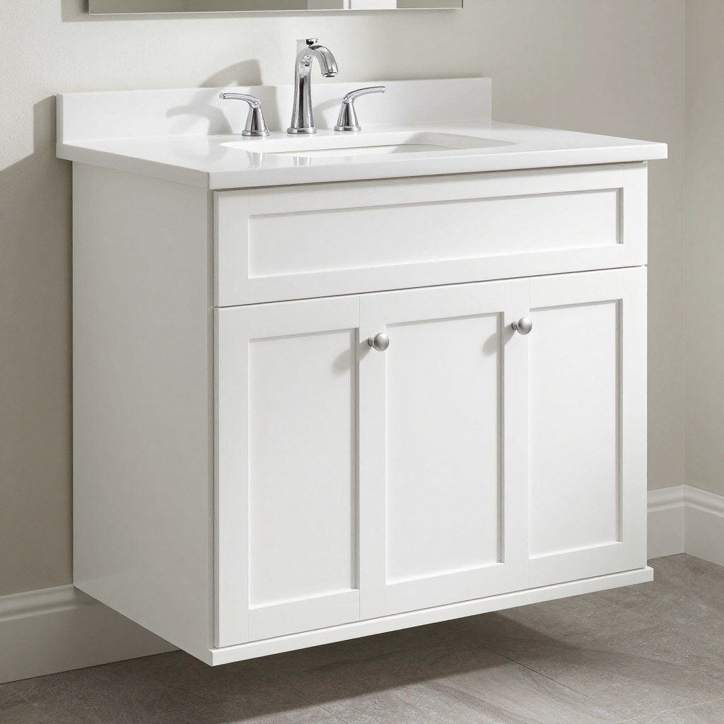 A white shaker style bathroom vanity with characteristic recessed panels