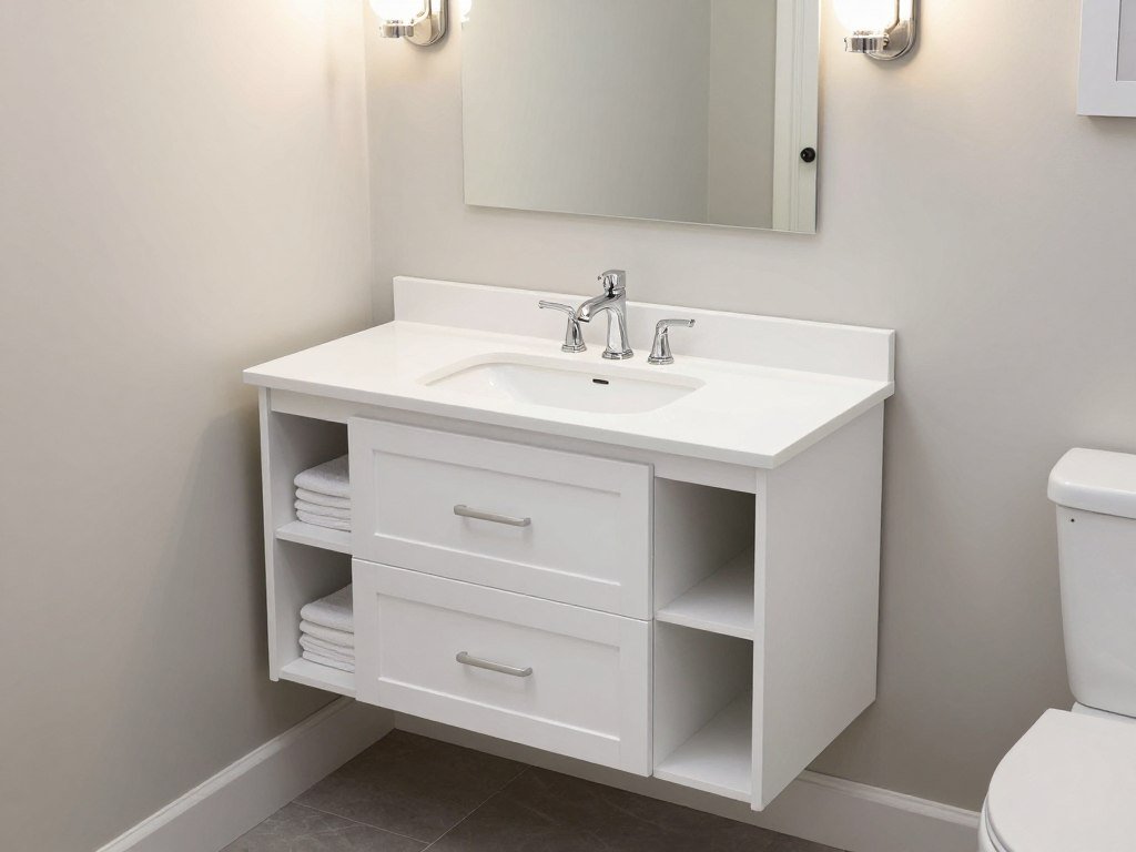 A white single sink bathroom vanity with drawers and cabinet storage
