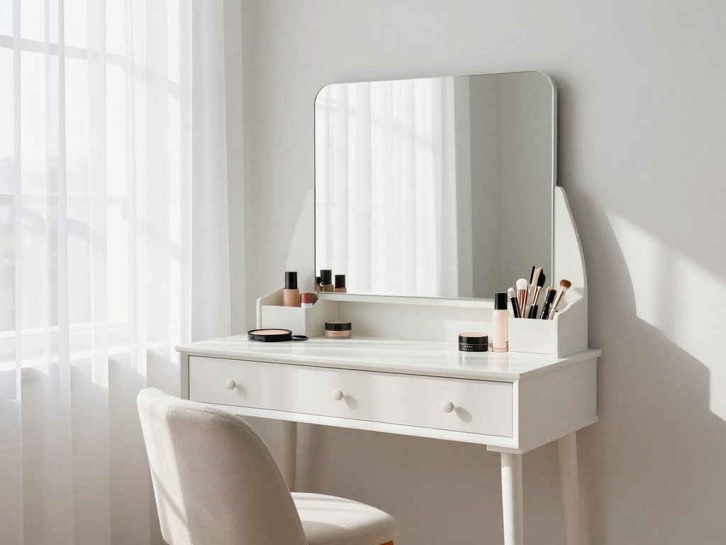 A white vanity placed by a window with natural light streaming in, highlighting the makeup area