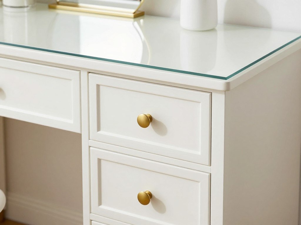 A white vanity table with gold hardware, featuring multiple drawers for storage and a glass top surface