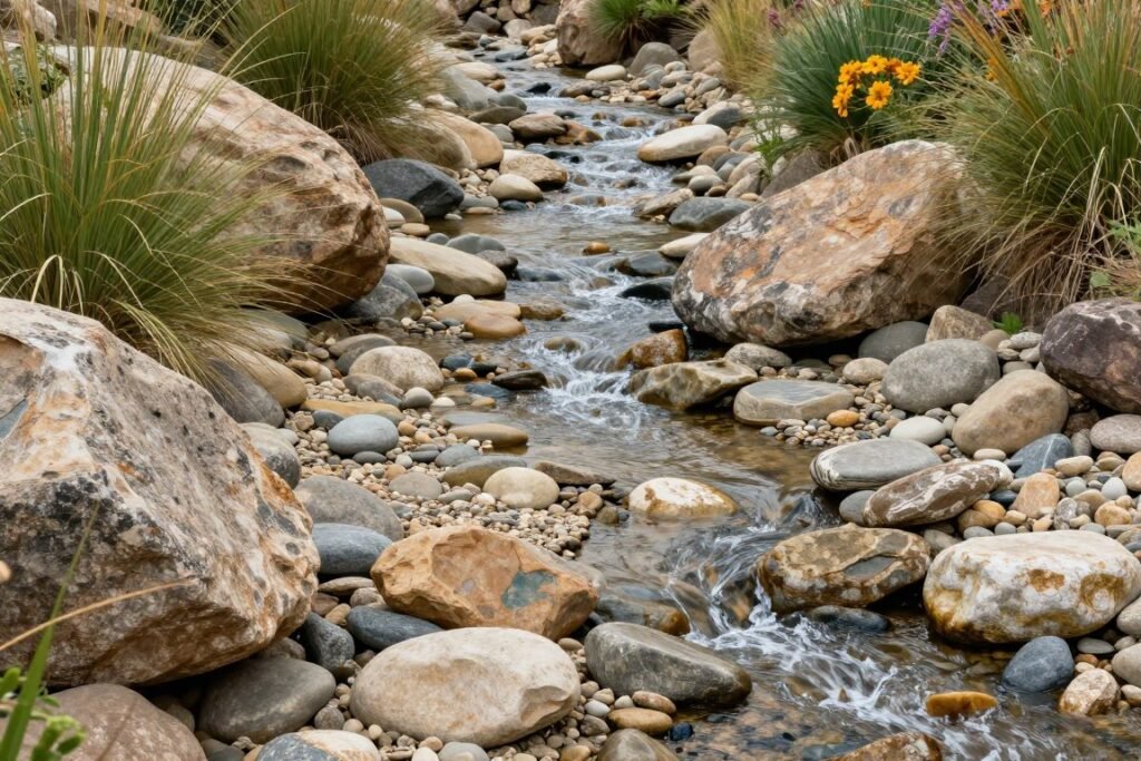 A winding dry creek bed with various sized river rocks and strategic boulders