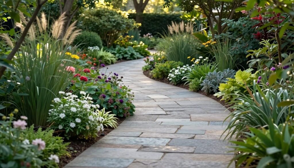 A winding garden path made of natural flagstone with lush plantings on both sides creating a journey through the landscape