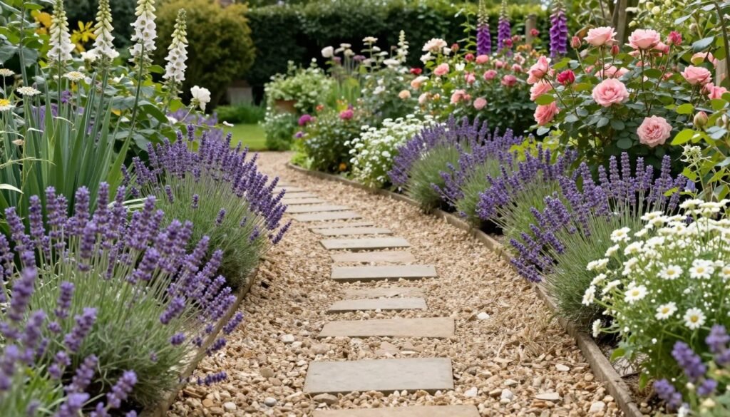 A winding gravel path through a cottage core backyard with plants spilling over the edges