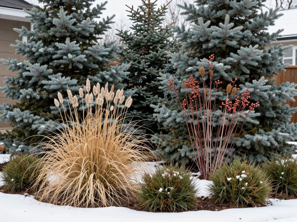 A winter front yard landscape showing evergreens, ornamental grasses, and plants with winter interest