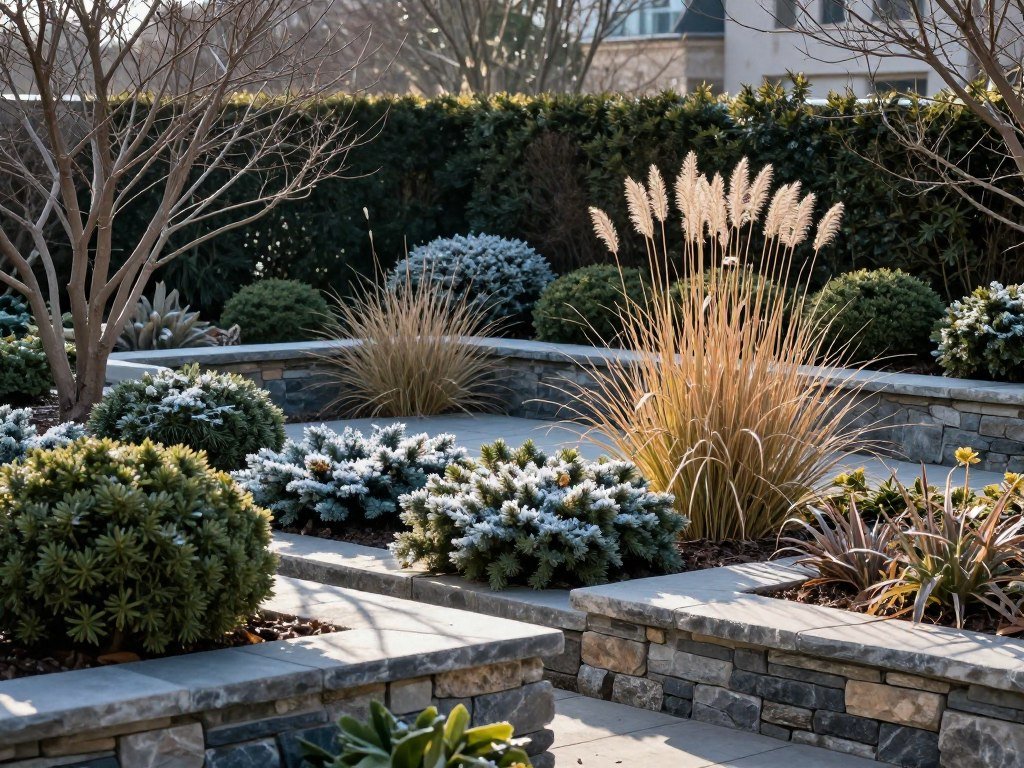 A winter garden scene showing the structural elements of the landscape including evergreens, ornamental grasses, and garden structures