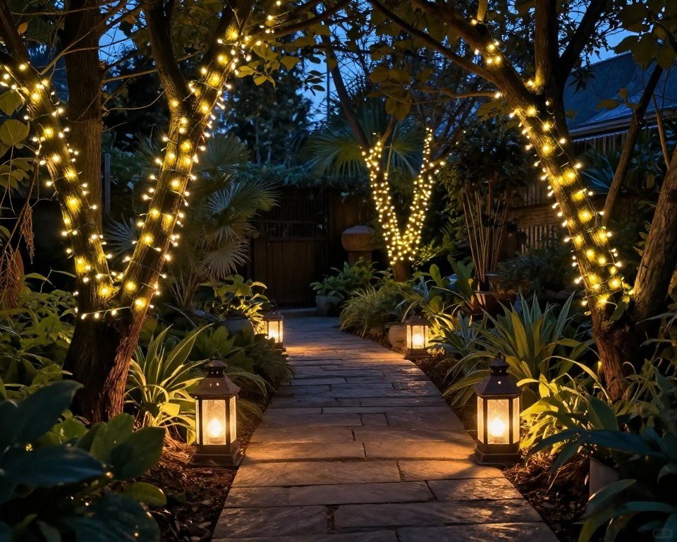 A witchy backyard at dusk with string lights hanging from trees and lanterns illuminating a stone path