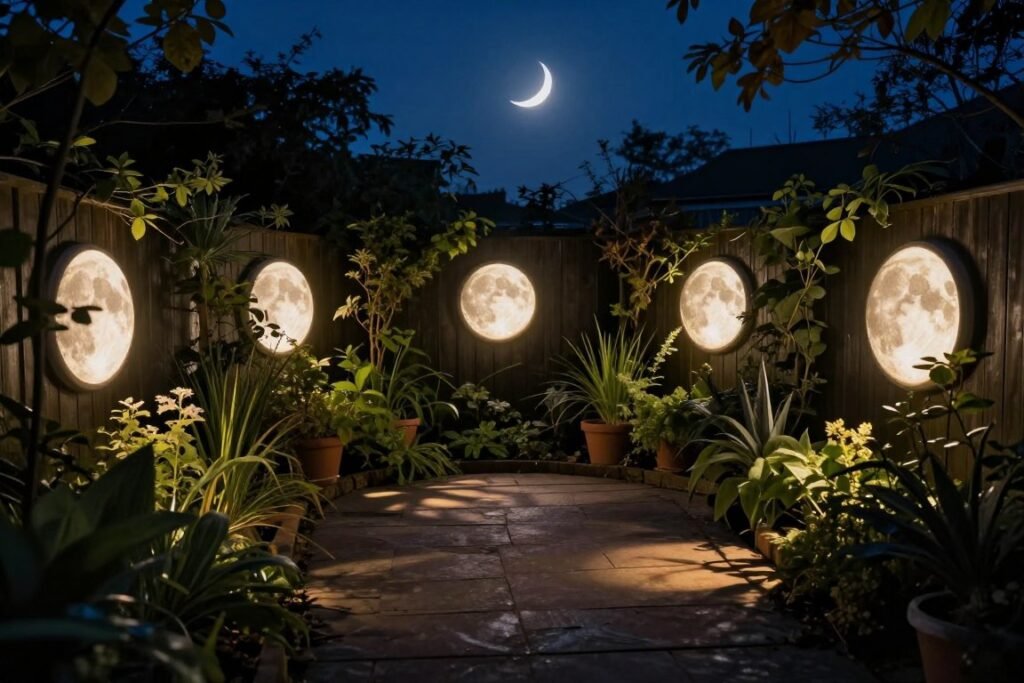 A witchy backyard corner with moon phase solar lights illuminating a garden path at night