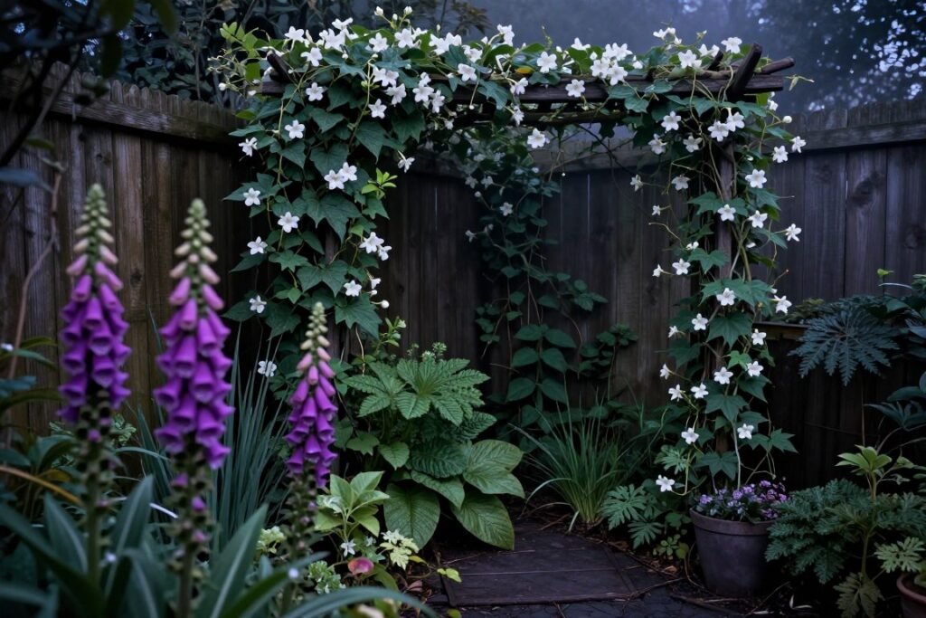 A witchy backyard corner with moonflower vines climbing a trellis and foxglove flowers in the foreground