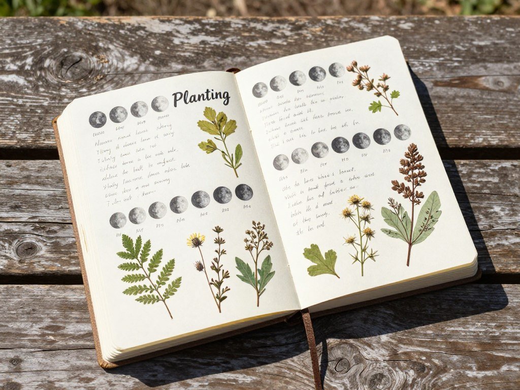A witchy garden journal open to a page showing moon phase planting notes and pressed herbs