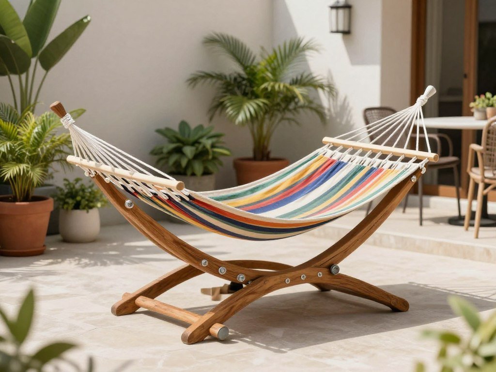 A wooden hammock stand with a colorful fabric hammock positioned on a patio with potted plants and outdoor furniture