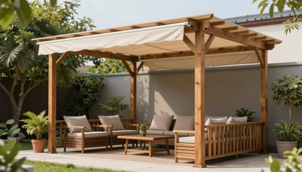 A wooden pergola with retractable canopy providing overhead privacy in a backyard seating area