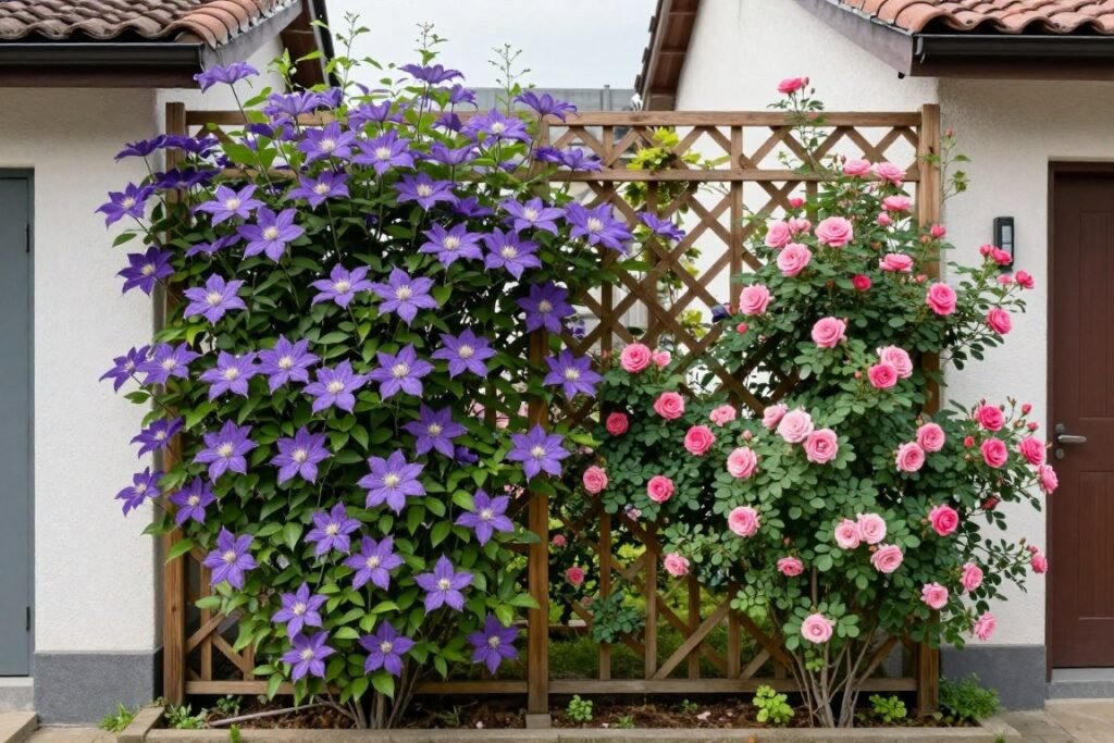 A wooden trellis covered with flowering vines creating privacy between two houses