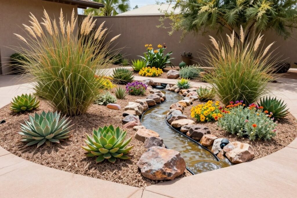 A xeriscape small front yard with drought-resistant plants, decorative rocks, and efficient irrigation