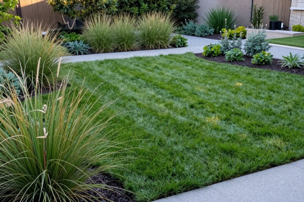 A yard with reduced lawn area replaced by attractive ground covers, ornamental grasses, and a gravel pathway