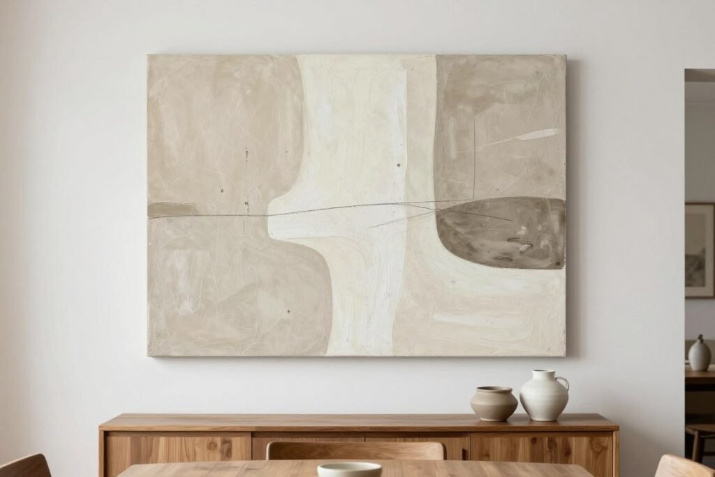 Abstract wall art in neutral tones in an organic modern dining room