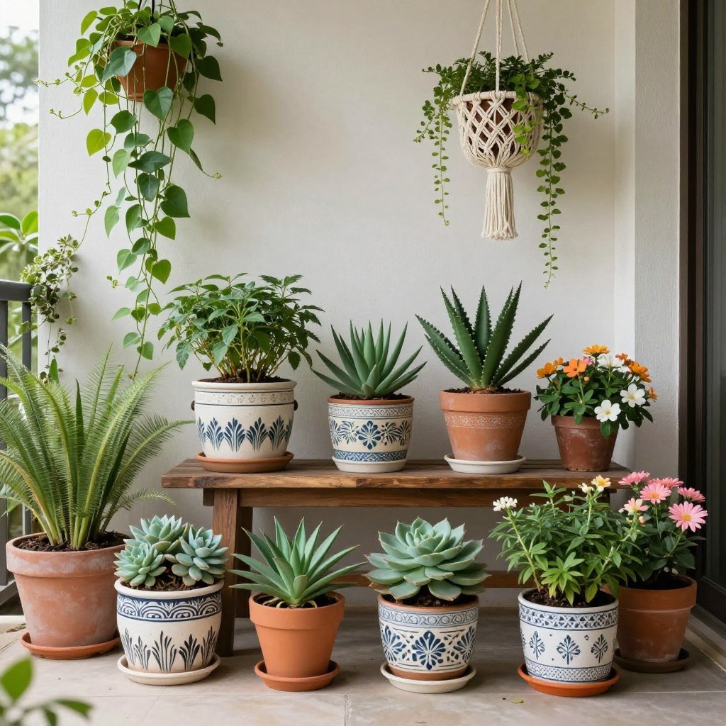 Abundant potted plants and hanging planters on a bohemian patio