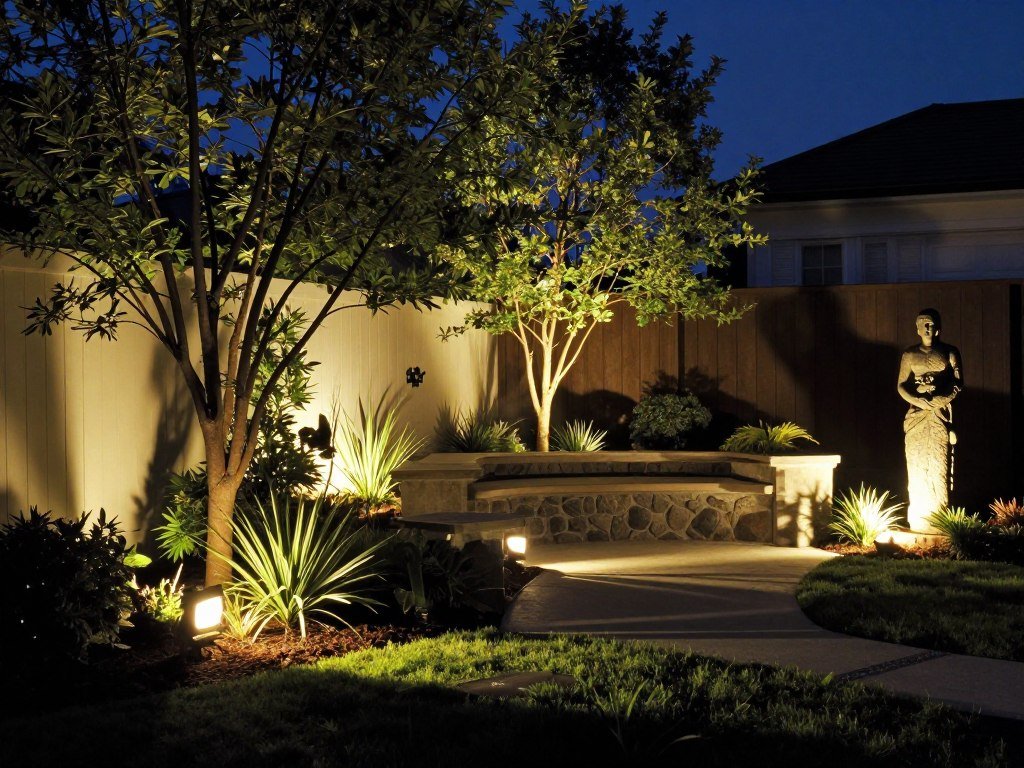 Accent backyard lighting highlighting landscape features and architectural elements