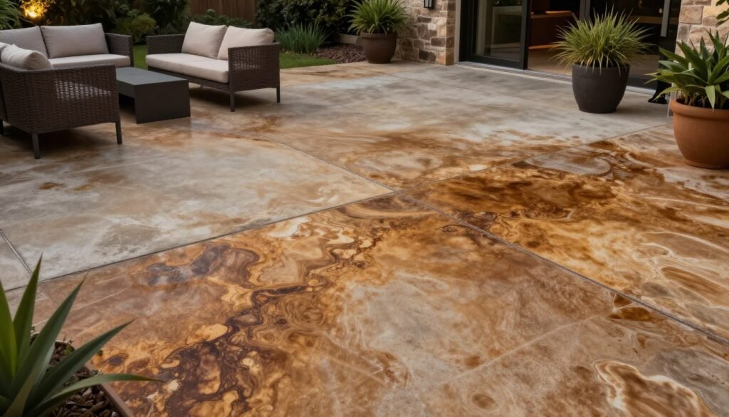 Acid-stained concrete patio with mottled amber and brown tones creating a marble-like effect