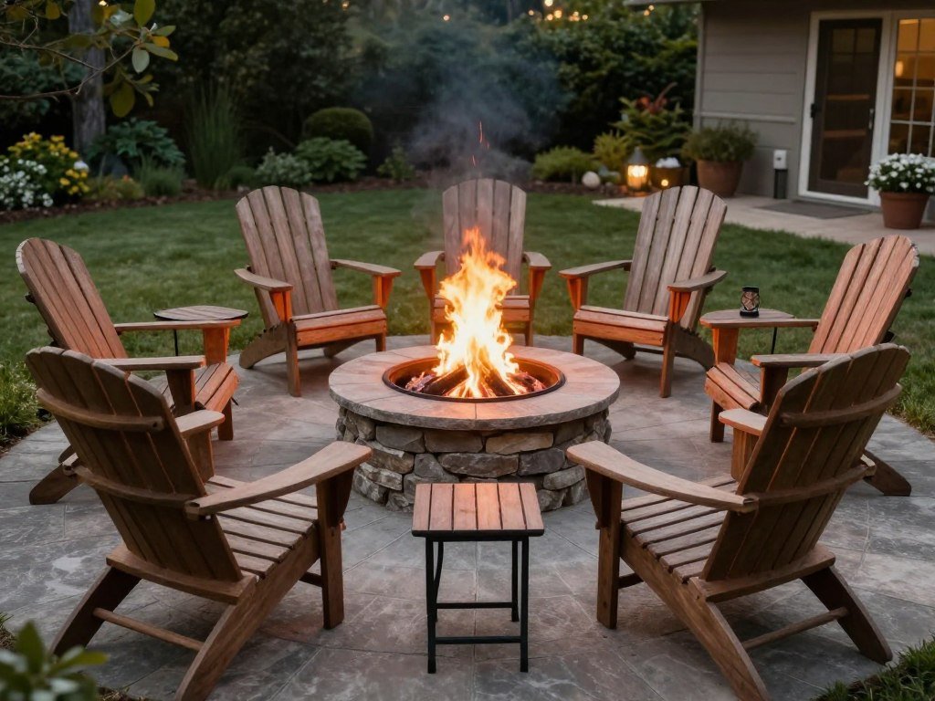 Adirondack chairs arranged around a backyard fire pit creating a cozy seating area