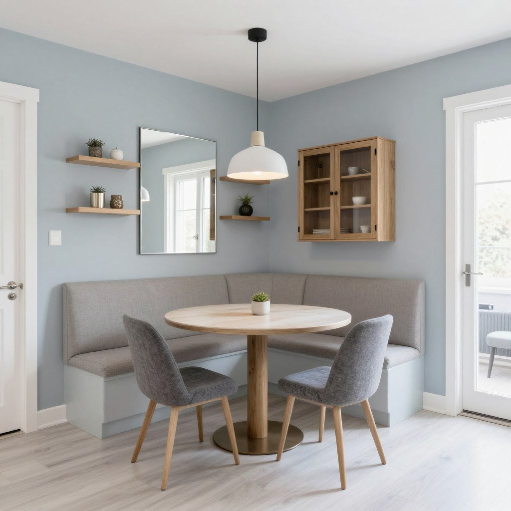 After: A transformed small dining area with a round table, banquette seating, and strategic lighting