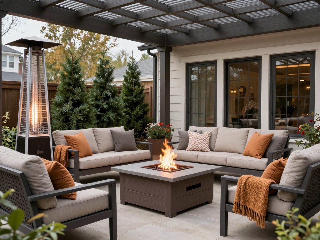 All-season back patio with fire pit, outdoor heater, and weather-resistant furniture All-season back patio with fire pit, outdoor heater, and weather-resistant furniture