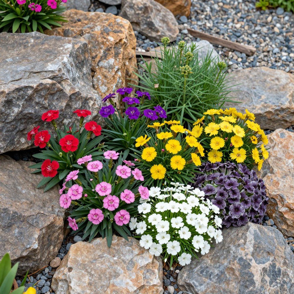 Alpine and rock garden perennials with colorful blooms growing between rocks