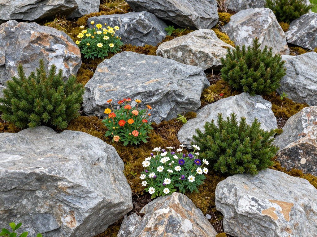 Alpine rock garden with small flowering plants between stones Alpine rock garden with small flowering plants between stones