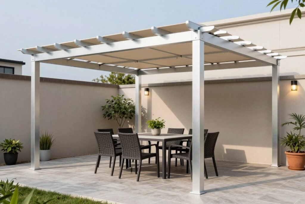 Aluminum pergola with retractable canopy and outdoor dining set