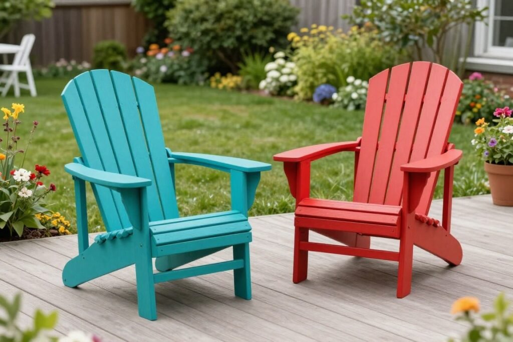 An Adirondack chair set with side table on a wooden deck overlooking a garden